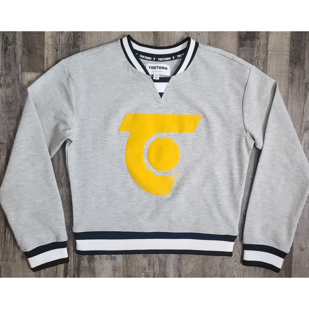 Tretorn Sweatshirt Womens XS Gray Yellow Graphic Logo Striped Sporty Pullover